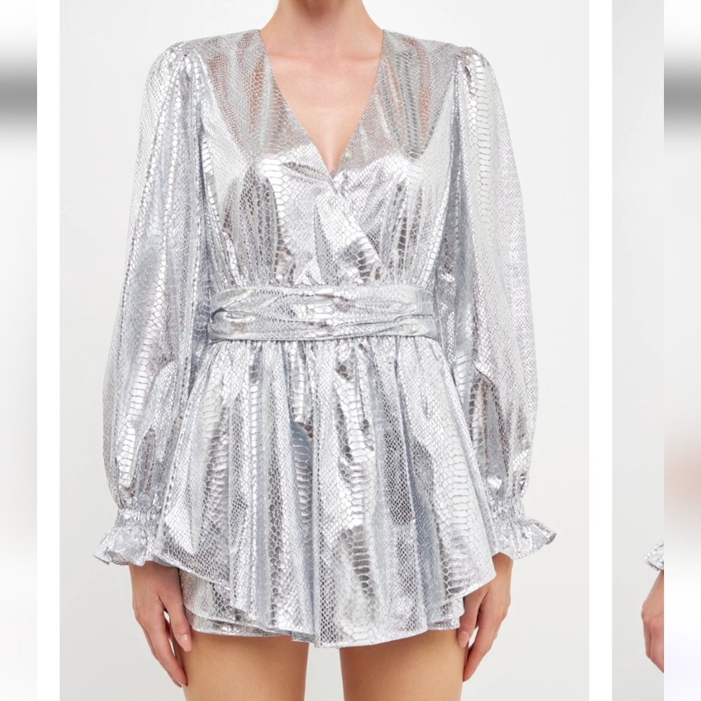 Snakeskin Embossed Silver Shorts Romper Dress Medium NWT Formal onesie